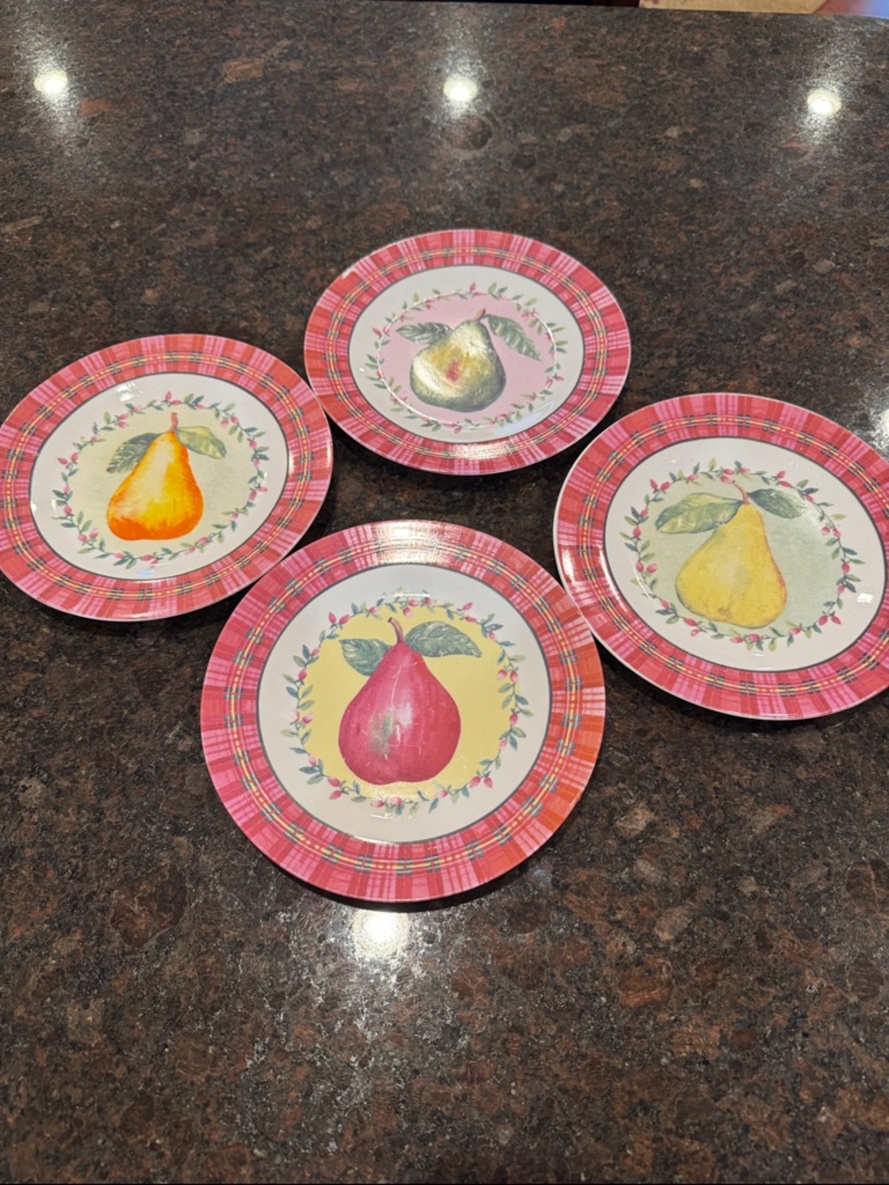 Pink Plaid Fruit Decorative Dessert Plate set. One small chip on pair plate.